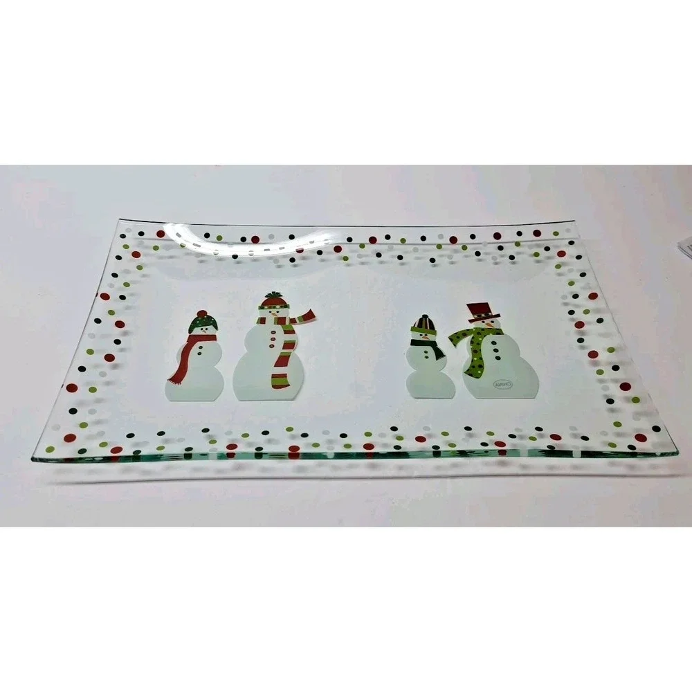 Pampered Chef Snowman-Dots Divided Serving Platter Clear Glass Original Box